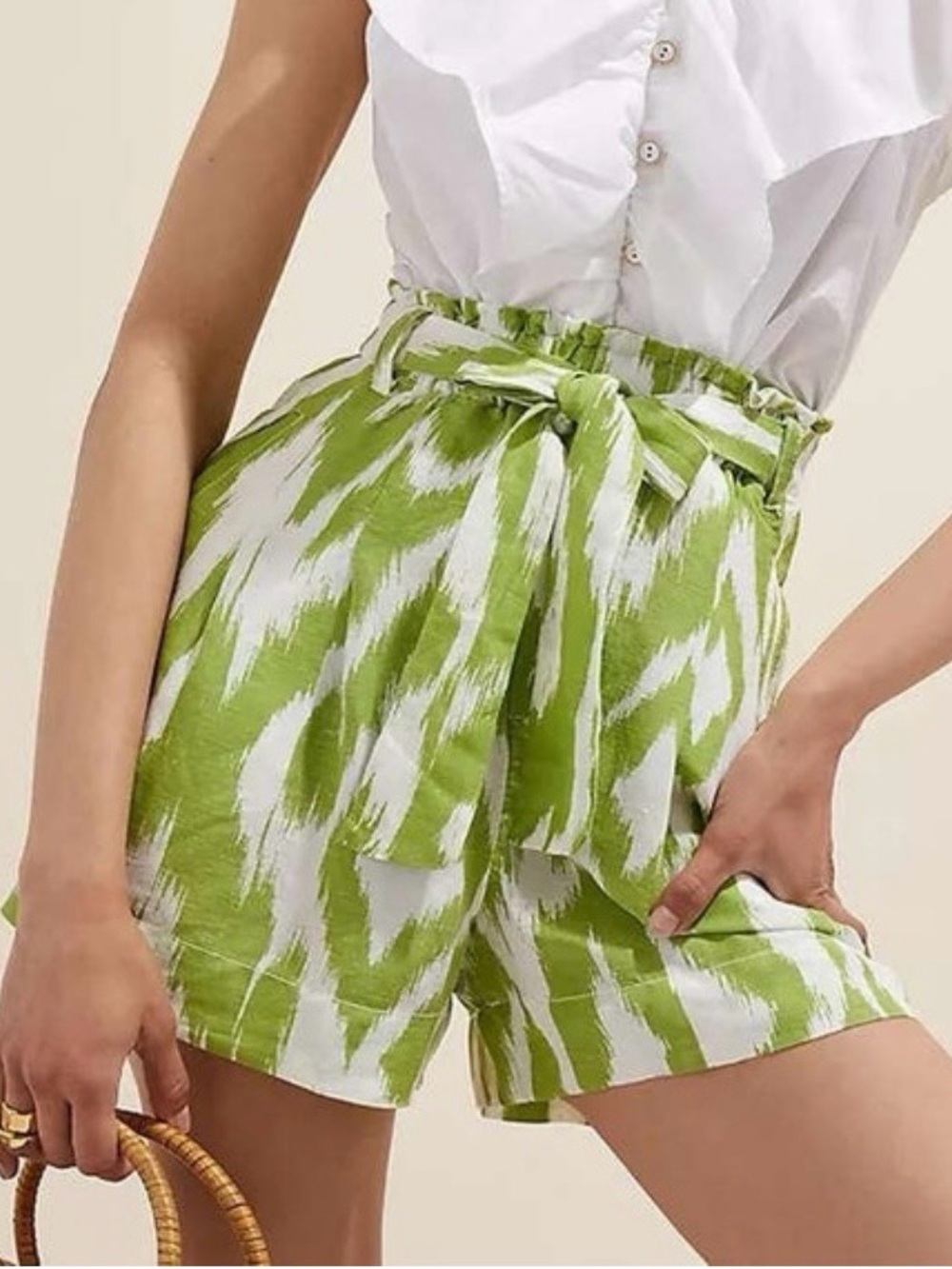 Anthropologie Linen Blend Paper Bag Waist Tie-Front Shorts in Green Ikat Size XS